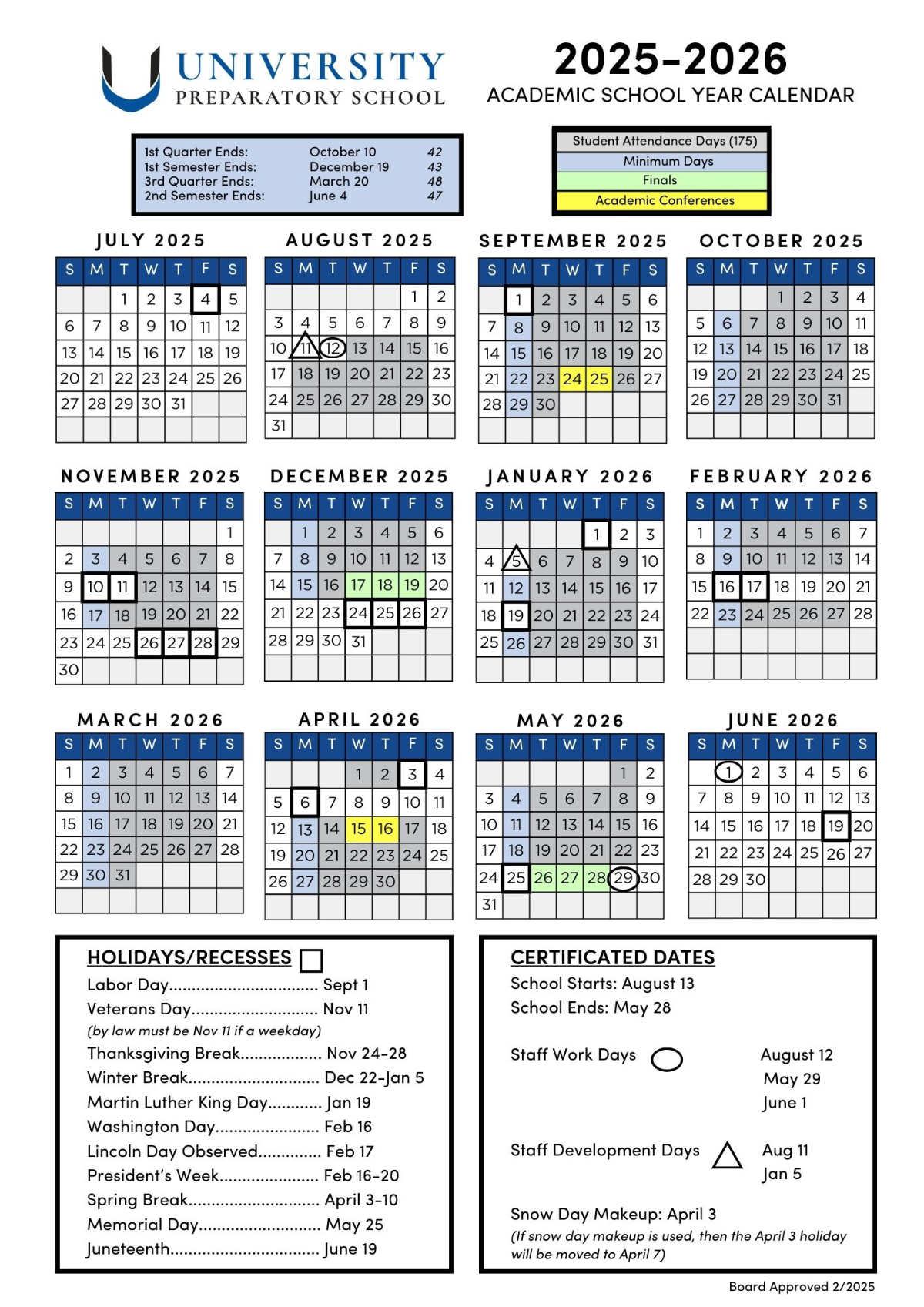 U-Prep 2025-26 Academic Calendar